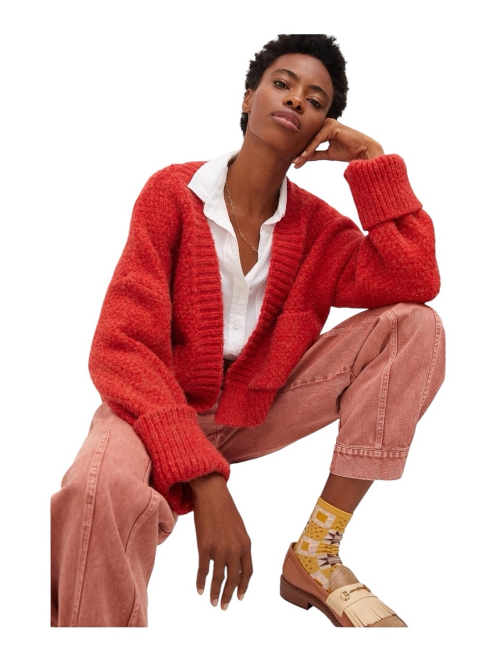 Anthropologie Pilcro Coral-Red Chunky oversize cardigan OS